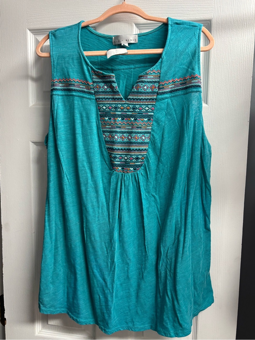 Sleeveless Teal Embroidered V-Neck Women's Top
